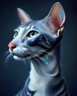 Oriental shorthair blue and white mackerl tabby cat hyperdetailed, In the art style of Jean-Antoine Watteau, Nicholas Roerich, Studio Light.
