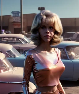 Ultra Realistic retro sci-fi movie Supermarket parking scene, 1960 year, waist up view portrait, 2 clones blonde women, sweet teenager Jane Fonda face, perfect iris, glow eyes, face makeup, tight latex coat, many people, Retro sci-fi style, soft color, highly detailed, unreal engine 5, ray tracing, RTX, lumen lighting, ultra detail, volumetric lighting, 3d, finely drawn, high definition, high resolution.