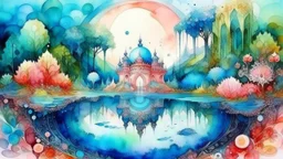 watercolor, relaxation, luxury, dream world, calm beauty, symmetry, fantasy world, magic, beautiful composition, exquisite detail, 28mm lens