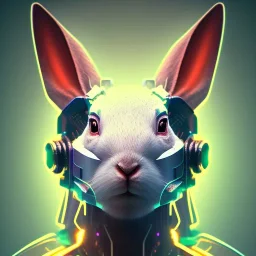 A beautiful portrait of a cyborg rabbit white neon color scheme, high key lighting, volumetric light high details psychedelic background