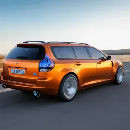 award winning car and driver photograph of a futuristic station wagon mech hybrid designed by only one vehicle per image painted metallic orange traveling at a high rate of speed, jet intake off of front center of vehicle and jet exhaust out the rear with bright blue flame, bilaterally symetrical, more a high speed road vehicle