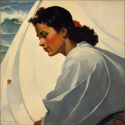 [art by Norman Rockwell, surf at Nazare] In the flickering candlelight, Roupinho would sit in silence, his eyes fixed upon the serene countenance of the Black Madonna. He would study the delicate features, the gentle curve of her smile, and the compassion that seemed to emanate from her eyes. It was as if she understood the struggles that plagued his heart and offered solace in return. As he rose from his knees, Roupinho would press a kiss to the hilt of his sword, his lips brushing against the