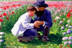 An oil painting of a father with his son in a flower garden by artist "Claude Monet"