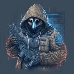 A falcon as a military hacker using a hoodie, carring hacker gadgets with a Sig pistol in hands