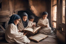 A close-up scene of an Arab mother reading the story from a book with her children around her in the room of the old wooden house near the fireplace 100 years ago.