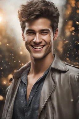 A hyper-realistic,detailed A handsome young man with a beaming smile, his eyes twinkling with joy. Photo Real, HOF, full size, science, technology,future,electric ,futuristic style, design, practicality,manufacturability,performance, (((realism, realistic, realphoto, photography, portrait, , realistic, beautiful, elegant, charming, apocalyptic environment, professional photographer, captured with professional DSLR camera, trending on Artstation, 64k, ultra detailed, ultra accurate detailed, boke