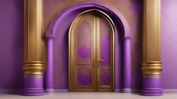 Hyper Realistic Islamic Architectural-Open-Golden-Door-&-Wall on Purple-Rustic-Wall with maroon-crafting-on-white-pillars