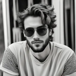 young man with bushy hair and beard stubble in sunglasses with an evil smirk