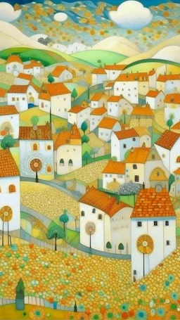 A white windy village with windmills painted by Gustav Klimt