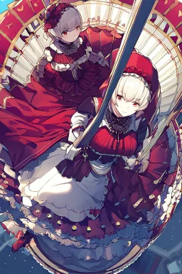 Ragazza vestita in stile Lolita rosso che cavalca un cavallo del Carosello, visione dinamica leggermente dall'alto, disegnata in stile Persona 3