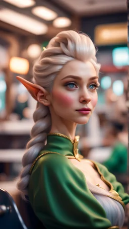 portrait of elf princess chilling at the barber shop,bokeh like f/0.8, tilt-shift lens 8k, high detail, smooth render, down-light, unreal engine, prize winning