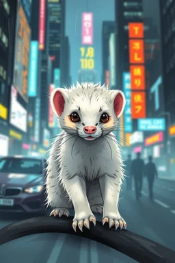 transparent furry sleek weasel with cute fur, in big cyberpunk city crossover, volume light and motion blur, airbrush and pen outline in background only