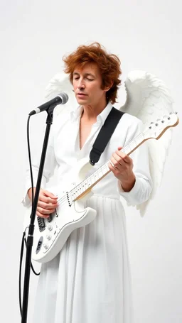 Bob Dylan looks like an angel with white dress holding a white quitar white background all white picture including his hair