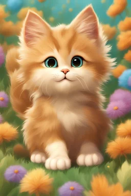 a light brown fluffy kitten; pixar style; no background; bright, vibrant colors