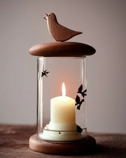 wooden bird in a bell jar, symmetrical, frosted glass, candle lighting