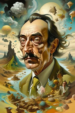 The painting of Salvador Dali in the style of grotesque caricatures, hyperrealistic landscapes, #pixelart, richly detailed genre paintings, time-lapse photography, haunting structures, zombiecore , in the style of quirky figurative ian spriggs paul barson comical figurative jim lively.