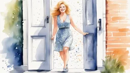 Open the door: youthful Ginger Lynn in light dress stands on the doorstep with a smile [a chaotic pen sketch with a lot of strokes in stippling, aquarelle]