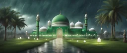 Hyper Realistic massive huge green mosque with white flags on the roofs at a rainy night with grassy pathway, palm trees & Thunderstorm