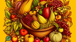 a medium quality illustration of a vibrant, overflowing cornucopia filled with an abundance of colorful fruits and vegetables, autumn vibes, harvest festival, traditional, hand-drawn style, still life, bountiful, festive, detailed, warm color palette, 1200x800 resolution