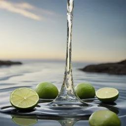 floating Lime wedge dripping a single droplet, side view photographic