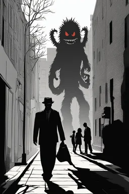 a man walks a sidewalk with a monster as his shadow