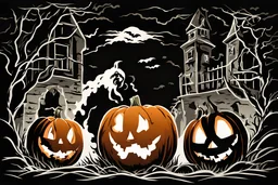 Spooky stencil ghosts exiting a very large jack-o-lantern's mouth. Cartoon style art.