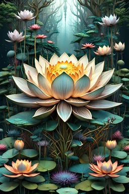 3D rendering of Expressively detailed and intricate of a hyperrealistic “Lotus”: front view, colorful, antler, rainforest, tribalism, detailed with flowers, tiny weird creatures surround, shamanism, cosmic fractals, dystopian, octane render, 8k post-production, detailled metalic bones, dendritic, artstation: award-winning: professional portrait: atmospheric: commanding: fantastical: clarity: 16k: ultra quality: striking: brilliance: stunning colors: amazing depth
