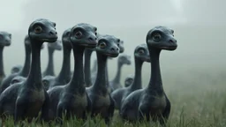 A surreal herd of gentle herbivorous creatures with long necks, rounded bodies and dark gray-green skin, standing in a misty grassy landscape in soft rain. Each creature has exactly one large central eye and a separate small, soft herbivore mouth below it — no teeth, no fangs. Curious, slightly uncanny expressions, photorealistic, cinematic atmosphere, realistic skin texture.