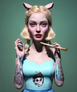 Ultra realistic portrait, wonderland, happy blonde Alice smoking a pipe, blue dress accompanied by elegant anthropomorphic white rabbit, circus dress style, old school tattoo, laughter, smoke, marijuana garden, mushroom lamps, glow eyes, perfect iris, soft color, highly detailed, unreal engine 5, ray tracing, RTX, lumen lighting, ultra detail, volumetric lighting, high definition.