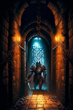 A frightening castle dungeon hallway with an evil knight warrior in rusty chainmail homding an iron chain painterly rpg art