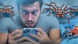 guy looks creepy while watching censored videos on smartphone surrounded by tiny crabs