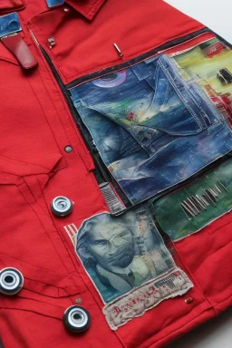 Red dunn jacket lying on a table. On top of the jacket needle and thread. Watercolour