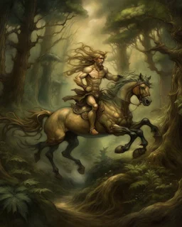 A centaur majestically galloping through the dense forest in the style of gustav dore, fantastical landscape, soft strokes , mythology portrait, classic painting