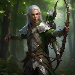 Please create an image for a young elven male with light brown skin, silver hair, and green eyes. He is standing outside in the forest during springtime, wearing leather armor and wielding a large crossbow. He is accompanied by a small mechanical bird and a walking suit of armor