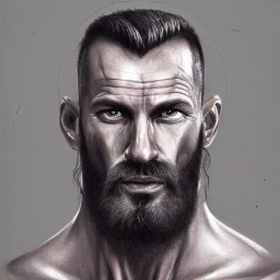 painted portrait of rugged man, nordic god, dark hair, shaved sides, masculine, 40 years old, handsome, upper body, stubble, grey and silver, muscular, hairy torso, fantasy, intricate, muscular, elegant, highly detailed, digital painting, artstation, concept art, smooth, sharp focus, illustration, art by gaston bussiere and alphonse mucha