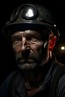 coal miner portrait for icon or logo. A little tired, A little dirty. He keeps a vertical hack besides his right shoulder. He wears а headpiece with a headlight