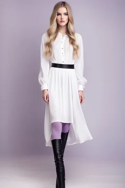 full body standing beautiful 20 year old girl with ash blonde hair and blue eyes with her long hair down, wearing a white sleeved shirt and nice sarifon dress, and lilac long leggings, with long black boots full body shot