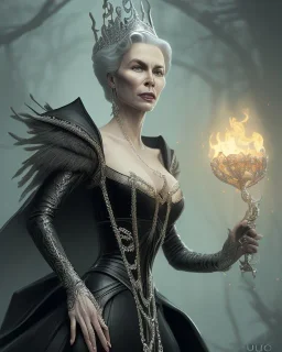 old evil queen in black leather gown, femme fatale, volouptous, busty, cleavage, angry, emperious, 8k resolution concept art portrait by Greg Rutkowski,