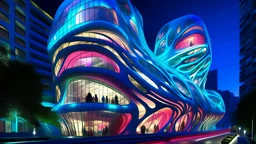 Edificio orgánico sintético que imita la forma de un coral gigante mutante, construido con organismos vivos adaptativos de colores iridiscentes que cambian según la luz, ventanas como membranas translúcidas y escaleras que parecen venas vivas, paisaje urbano futurista, altamente detallado con iluminación bioluminiscente, estilo biomórfico de Zaha Hadid fusionado con arte nuevo.