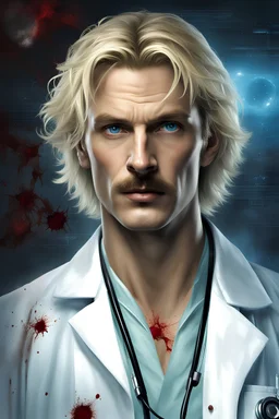 The Doctor is a little over six foot tall, in his mid thirties, with blond hair and pale blue eyes. He has attractive features with a strong jaw line. His blond hair has a slight disheveled look, and he has a well maintained thick blond mustache. He generally wears a white doctors lab coat with a bit of blood splattered at the bottom edges. Under his doctors lab coat he usually wears a Hawaiian flowery shirt. When not in surgery, photorealistic