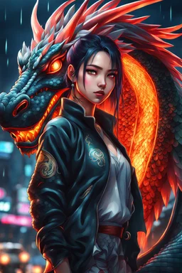 Yakoza girl with Japanese neon dragon tattoo in 8k anime realistic drawing style, close picture, rain, intricate details, highly detailed, high details, detailed portrait, masterpiece,ultra detailed, ultra quality