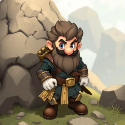 Male Fantasy RPG character, chaabi kawaii Mario proportions, lord of the rings inspiration, Vandyke beard, with a ribbon of tickets held out in front, bounding out from behind a large rock, 3/4 view, isometric game
