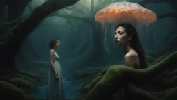 woman in an alien forest with an umbrella made from a jellyfish, photorealistic, Detailed Matte Painting, Deep Colour, Fantastical, Intricate Detail, sunshine, blue sky