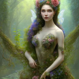 a closeup of a fairy wearing a dress of vines and flowers sitting near a cerulean reflective lake, artwork, Flickr, 8 k, detailed matte, fine-detailed, high-quality, in the style of George Grie, Anne Dittman, Anne Stokes, Lisa Parker, Selina French, alphonse mucha