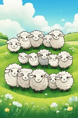 create an image with 6 cute sheep with the typography, happy face "ovelhinhas da fé", 2d, cartoon style, chibbi, kawai, a green field and blue sky in the background, perfect face, water color