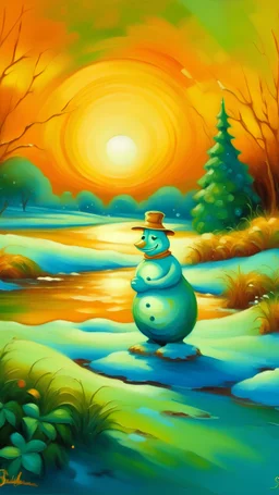 In the canvas of life, the sun emerges, casting a golden embrace upon the morning horizon. The landscape, adorned in hues of mesmerizing greens and blues, becomes the stage for nature's masterpiece. Amidst this enchanting backdrop, a snowman proudly stands on the taller, his presence eliciting a sense of childlike wonder. As the sun dances gracefully, casting its rays upon the snow, the shadow of the snowman becomes a tapestry of clearer contours, sculpting a more beautiful juxtaposition of ligh