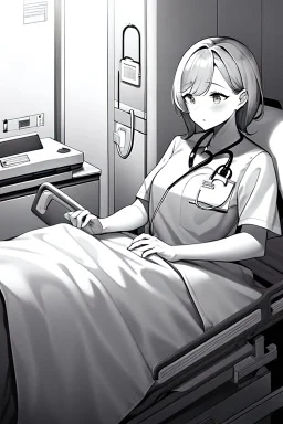 girl in bed, hospital patient room, greyscale