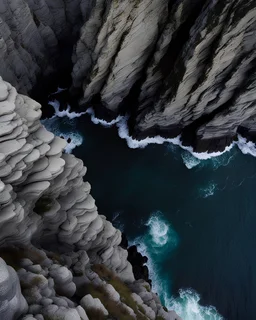 from the point of view of a rock climber, look down at the ocean rocks below as you climb high into the bluffs of ireland. holding on to the cliff face, the ocean below storms and swirls around a giant whirlpool