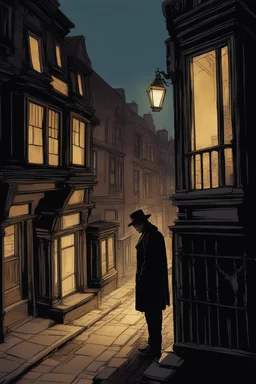 man in dark clothing, hiding around a corner while looking down on a brightly lit Victorian street