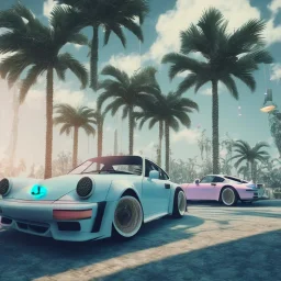 1980's aesthetic vaporwave palm trees and spheres and Porsche with lightning